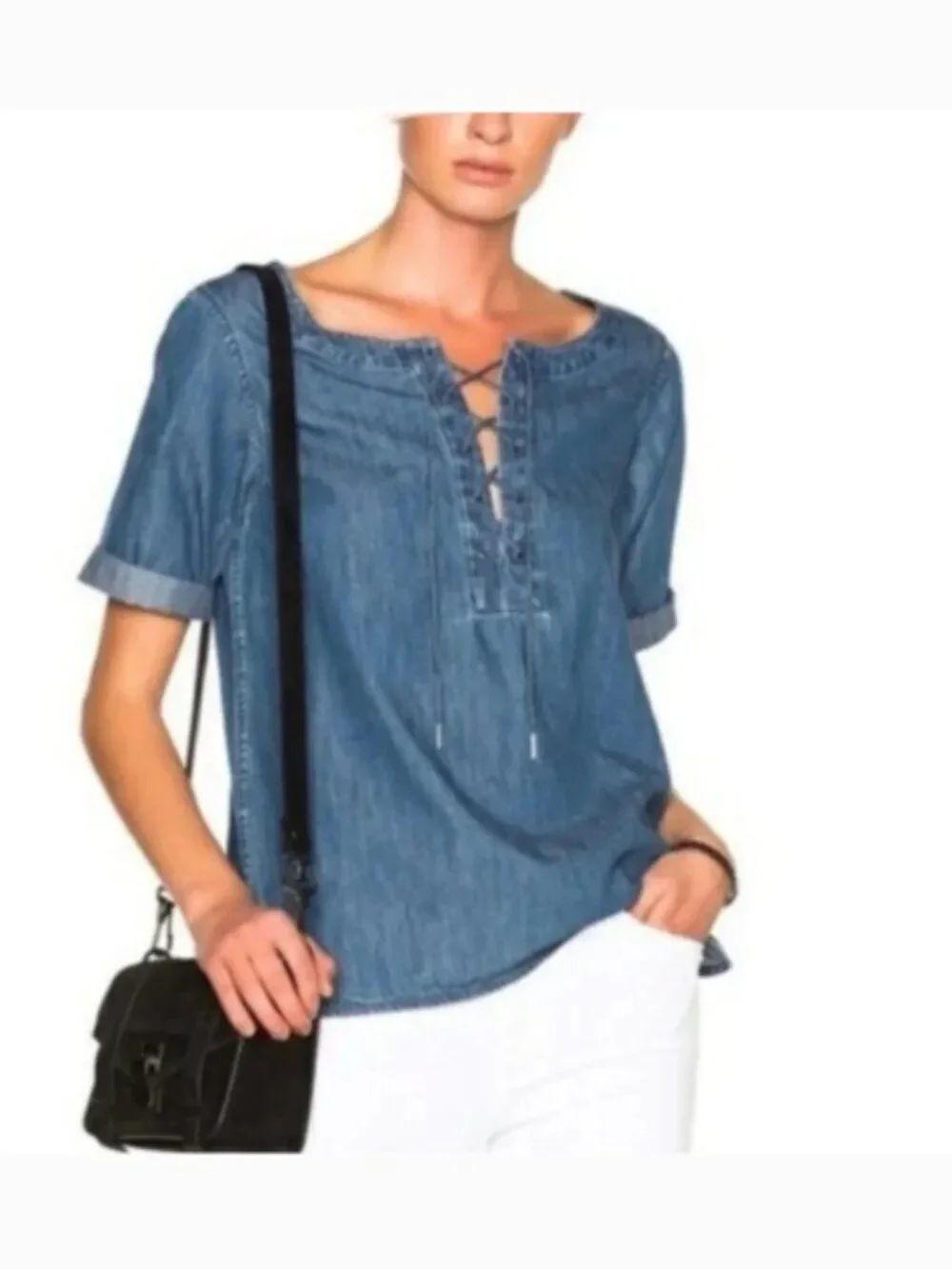 EUC rag & bone Denim Shirt Lace Up front 100% Cotton Chambray Size S